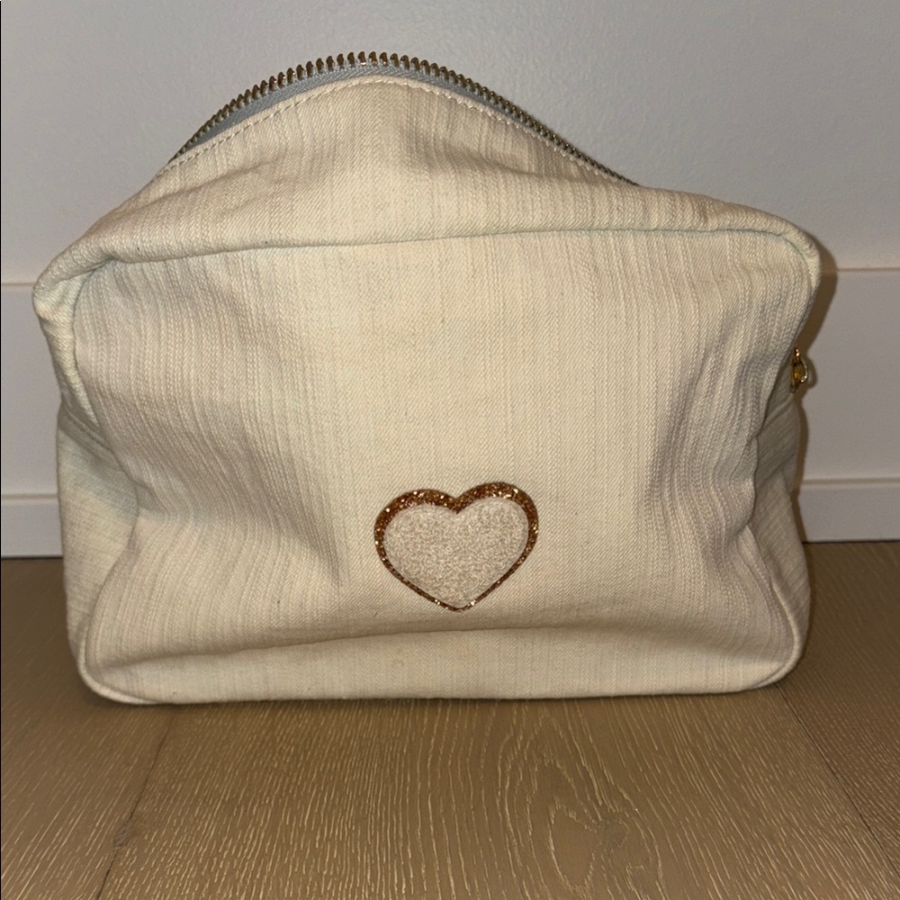 Stoney Clover Cream Denim Toiletry Bag with Heart Glitter Patch